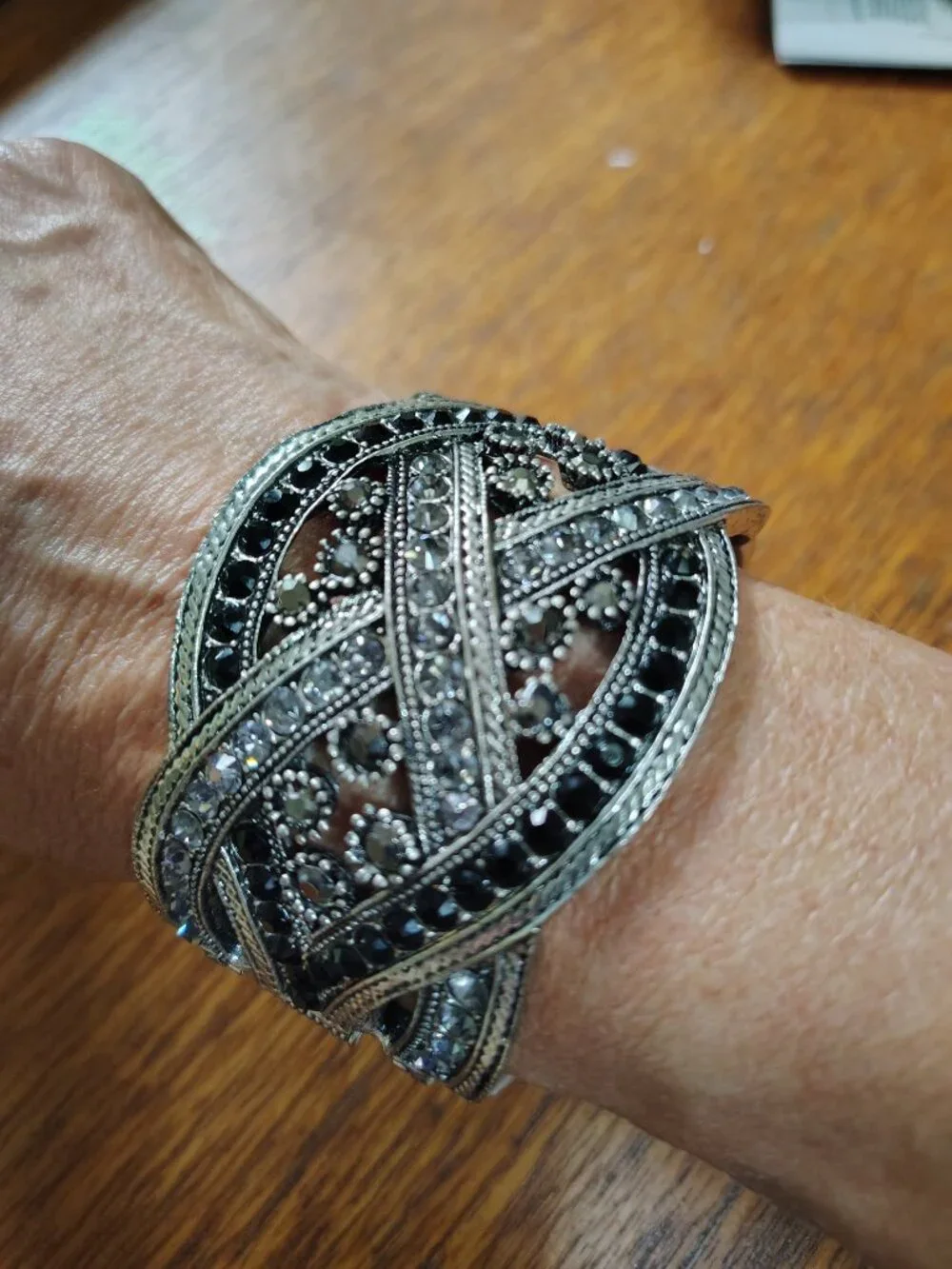 Silver Toned Hinged Marcasite and Rhinestone Cuff Bracelet
